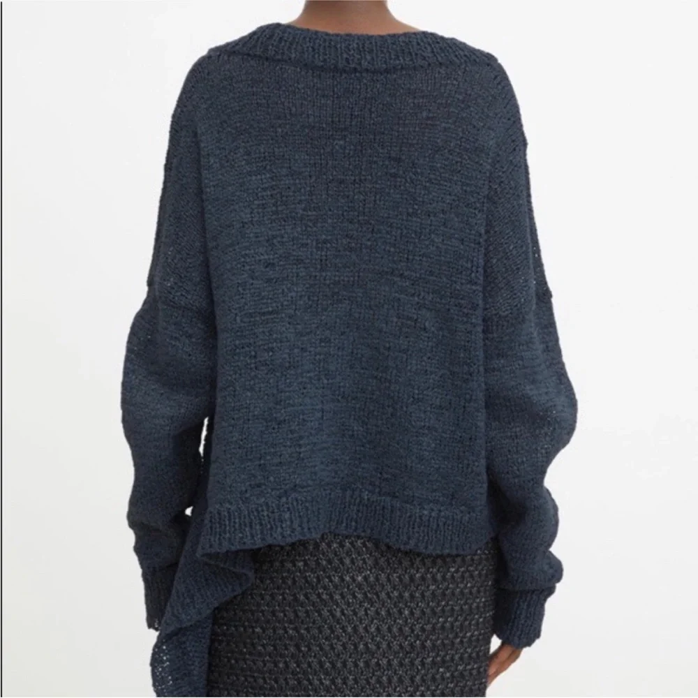 Rodebjer Anisah Blue Tape Yarn Oversize Open Weave Side Tie Sweater, Size XL - Picture 2 of 16